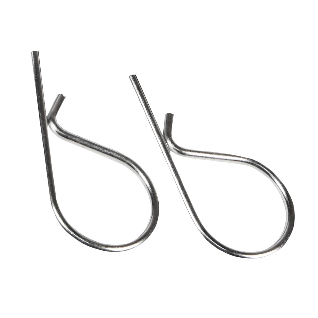 Two silver-colored metal spring clips with a bent wire design, typically used for hitch parts in vehicles.