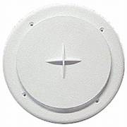 A white round ceiling register/vent with a central grille and four mounting holes.