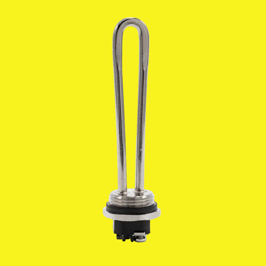 A screw-in water heater element with copper tubing and nickel plating.