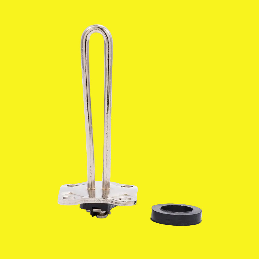A silver bolt-in water heater element with a universal flange and copper tubing, accompanied by a black gasket.