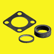 Three black rubber pieces consisting of a square gasket and two round gaskets.