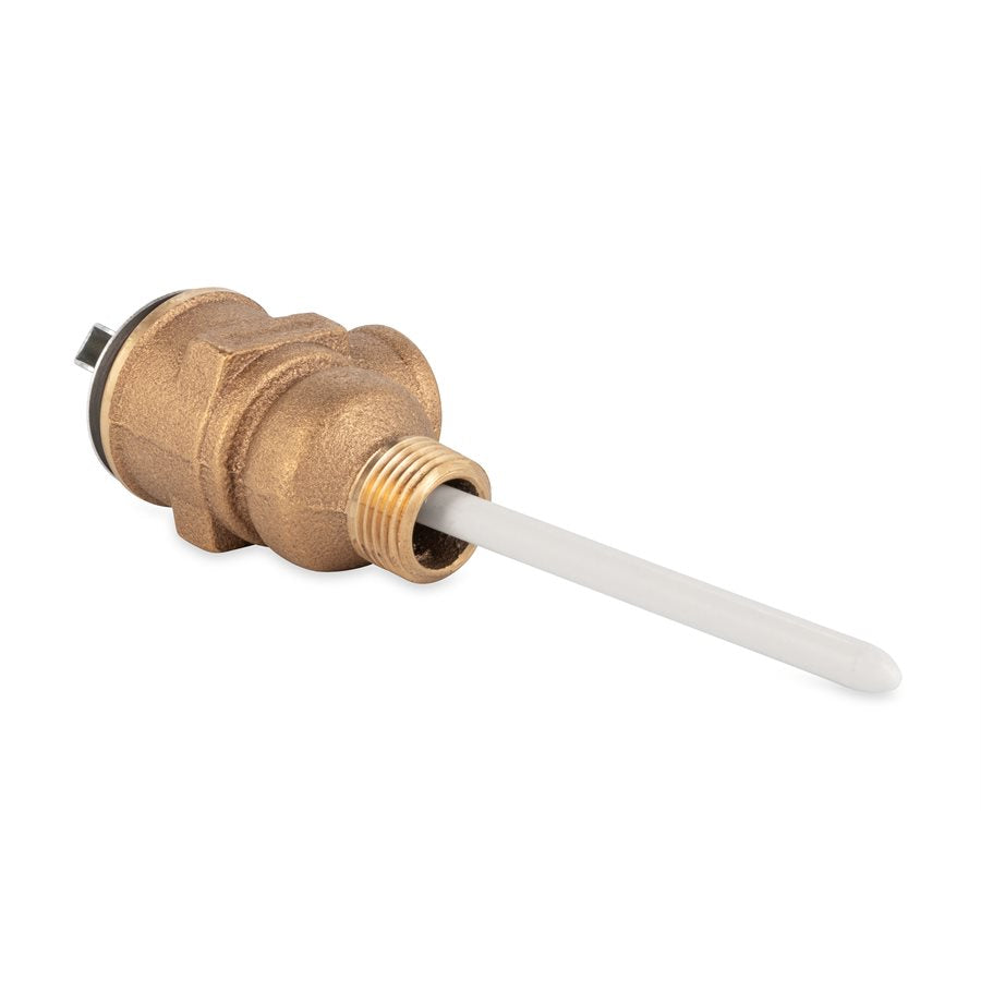 Automatic temperature and pressure relief valve with a 1/2 inch NPT thread, 4 inch probe length, featuring a corrosion-resistant metal body and an epoxy-coated probe.