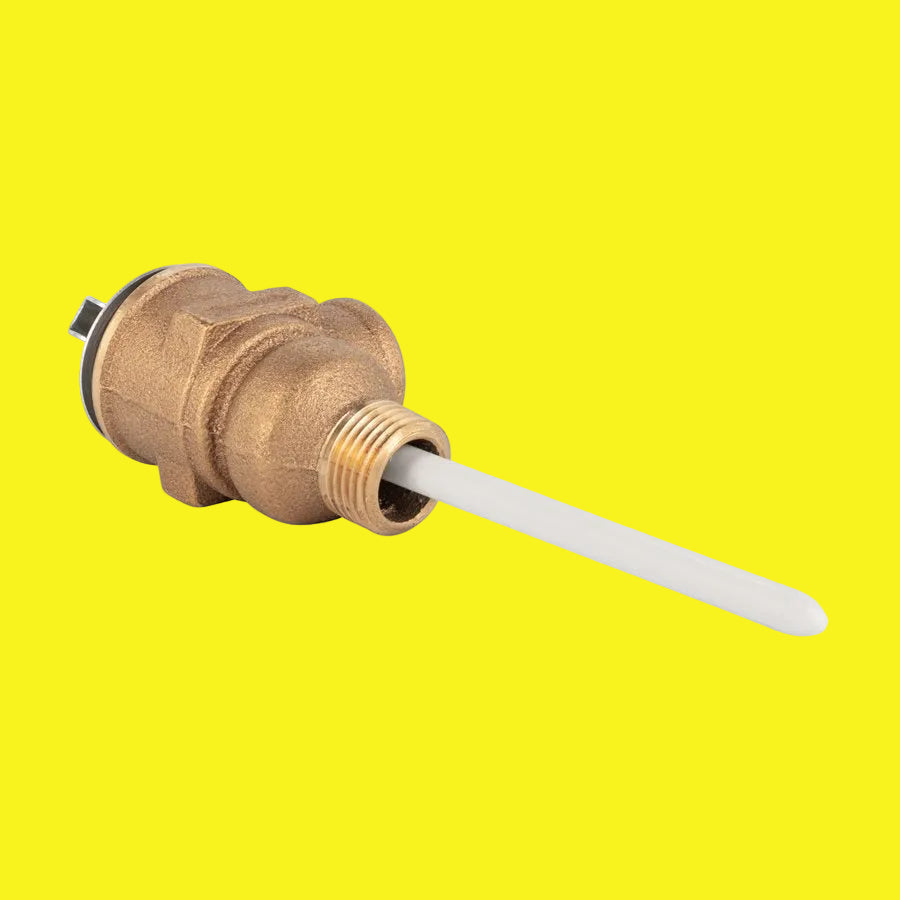 Automatic temperature and pressure relief valve with a 1/2 inch NPT thread, 4 inch probe length, featuring a corrosion-resistant metal body and an epoxy-coated probe.
