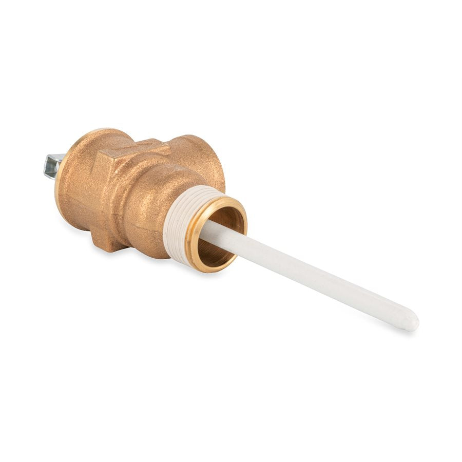 Automatic temperature and pressure relief valve with a 3/4 inch NPT thread, 4 inch probe length, featuring a corrosion-resistant metal body and an epoxy-coated probe.