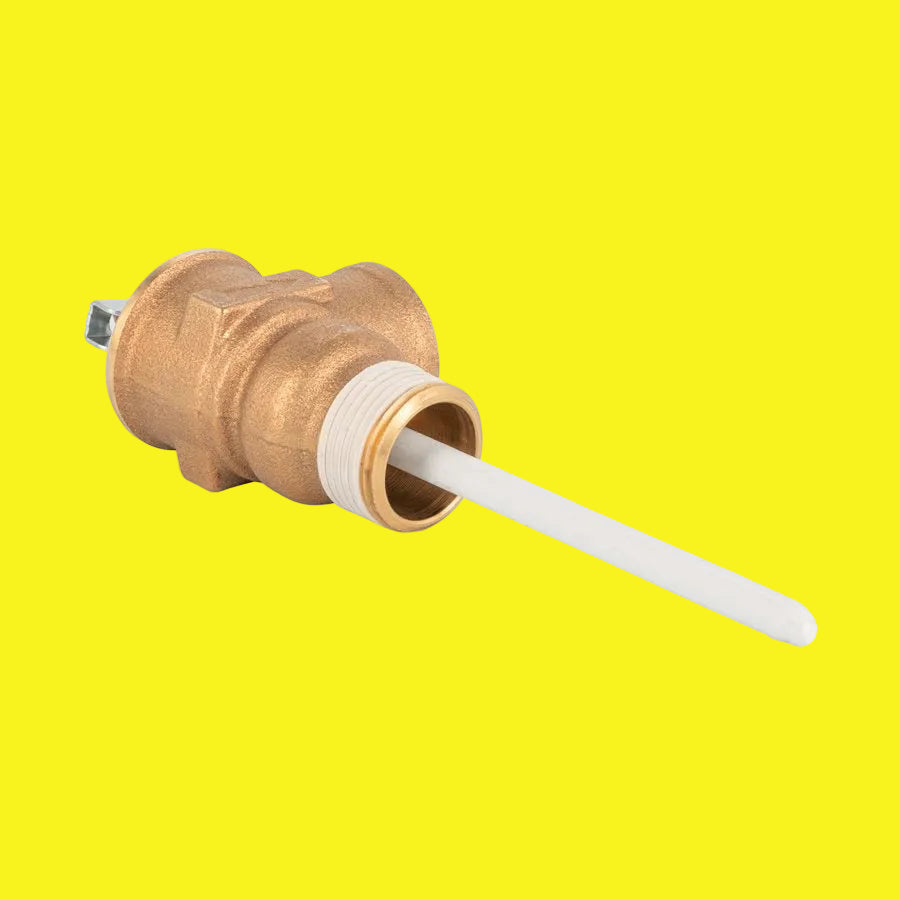 Automatic temperature and pressure relief valve with a 3/4 inch NPT thread, 4 inch probe length, featuring a corrosion-resistant metal body and an epoxy-coated probe.
