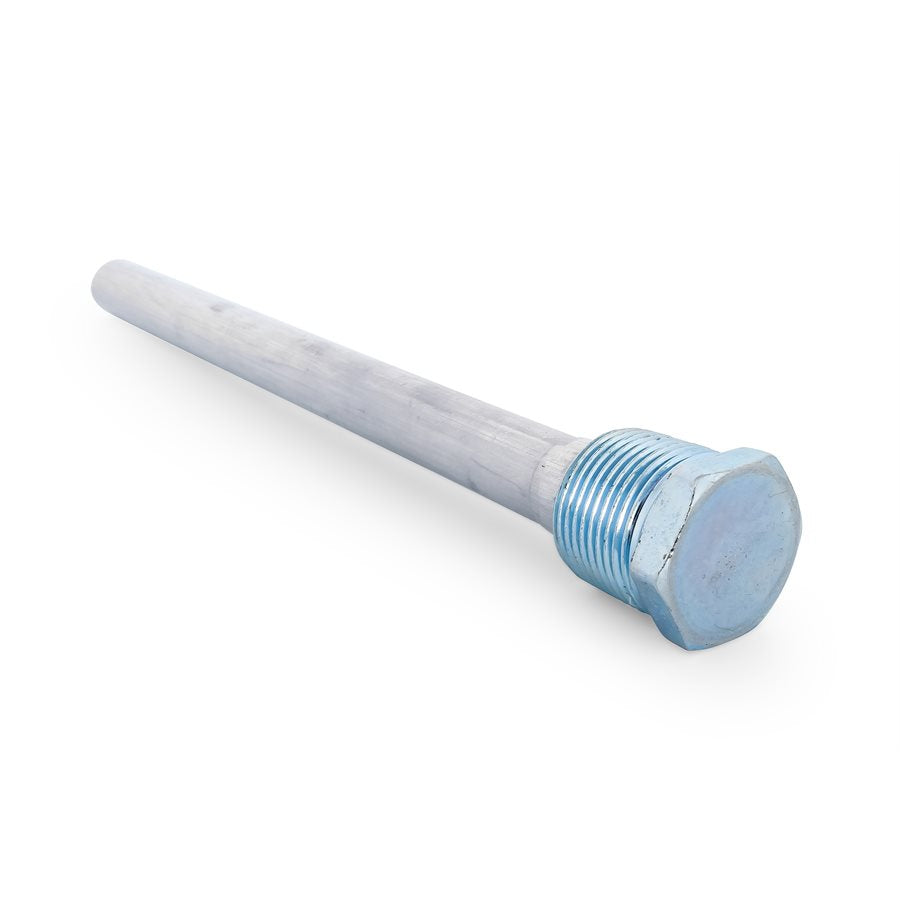 A long, cylindrical aluminum water heater anode rod with an end showing threaded details for installation.