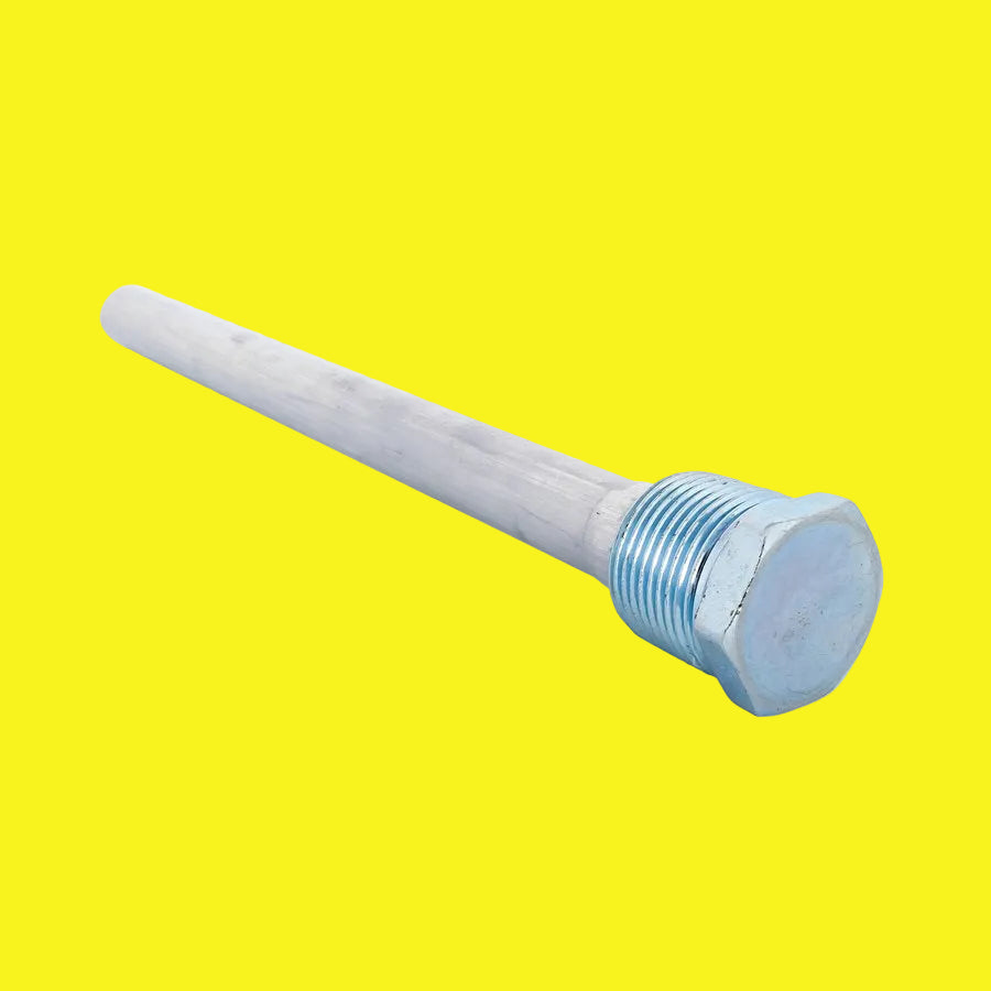 A long, cylindrical aluminum water heater anode rod with an end showing threaded details for installation.