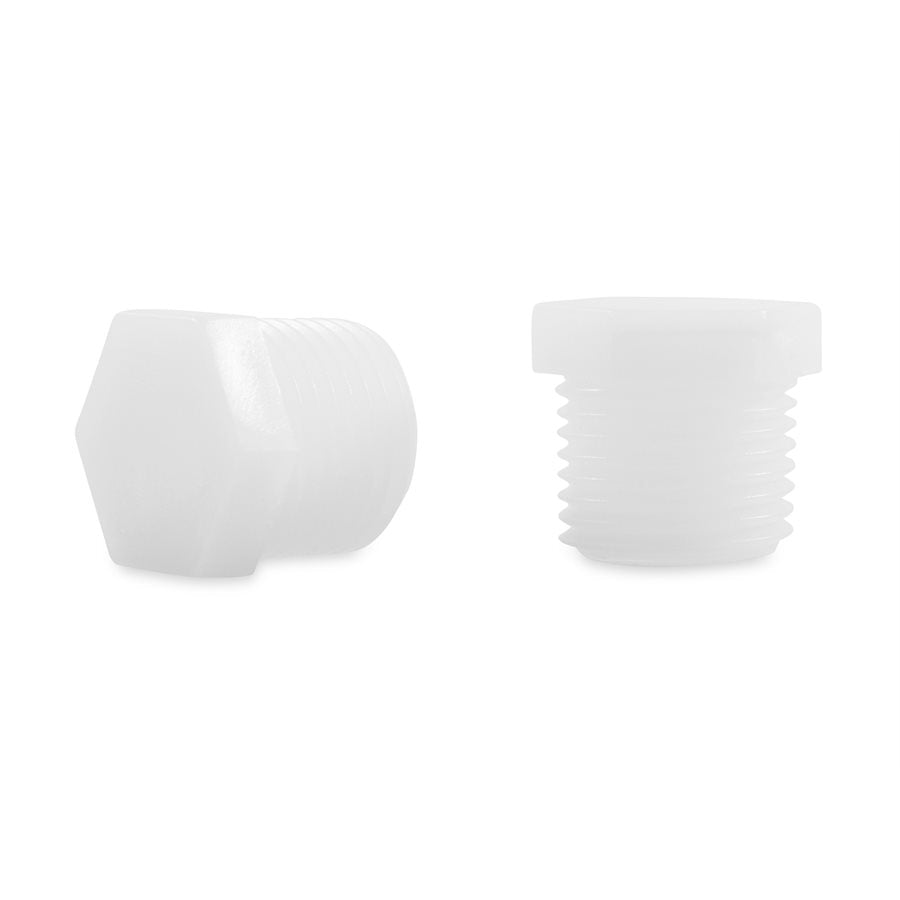 Two white plastic drain plugs with a 1/2 inch NPT thread, designed for water heater use.