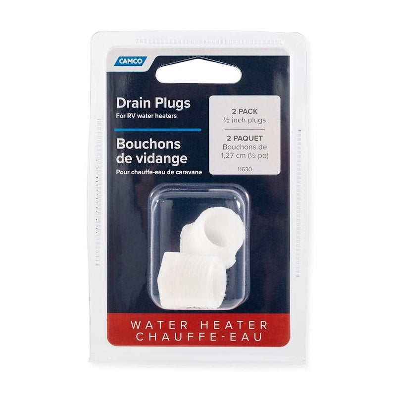 Pack of drain plugs for RV water heaters with Camco branding.