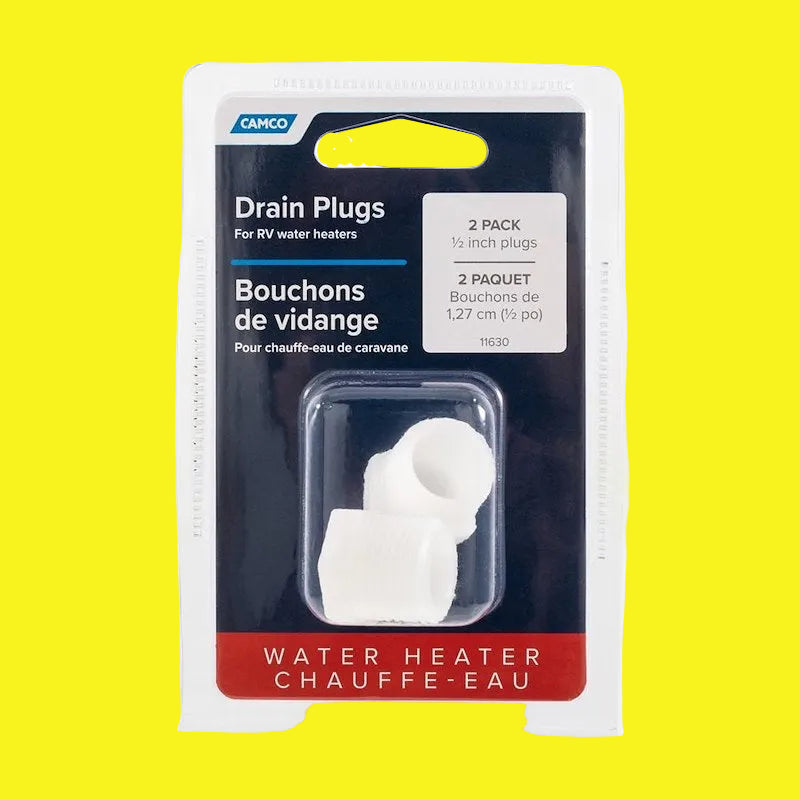 Pack of drain plugs for RV water heaters with Camco branding.