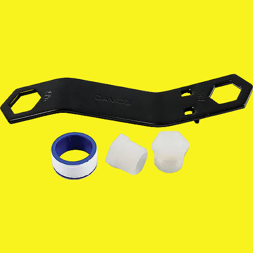 A black water heater drain plug kit by Camco, including a wrench and two replacement drain plugs