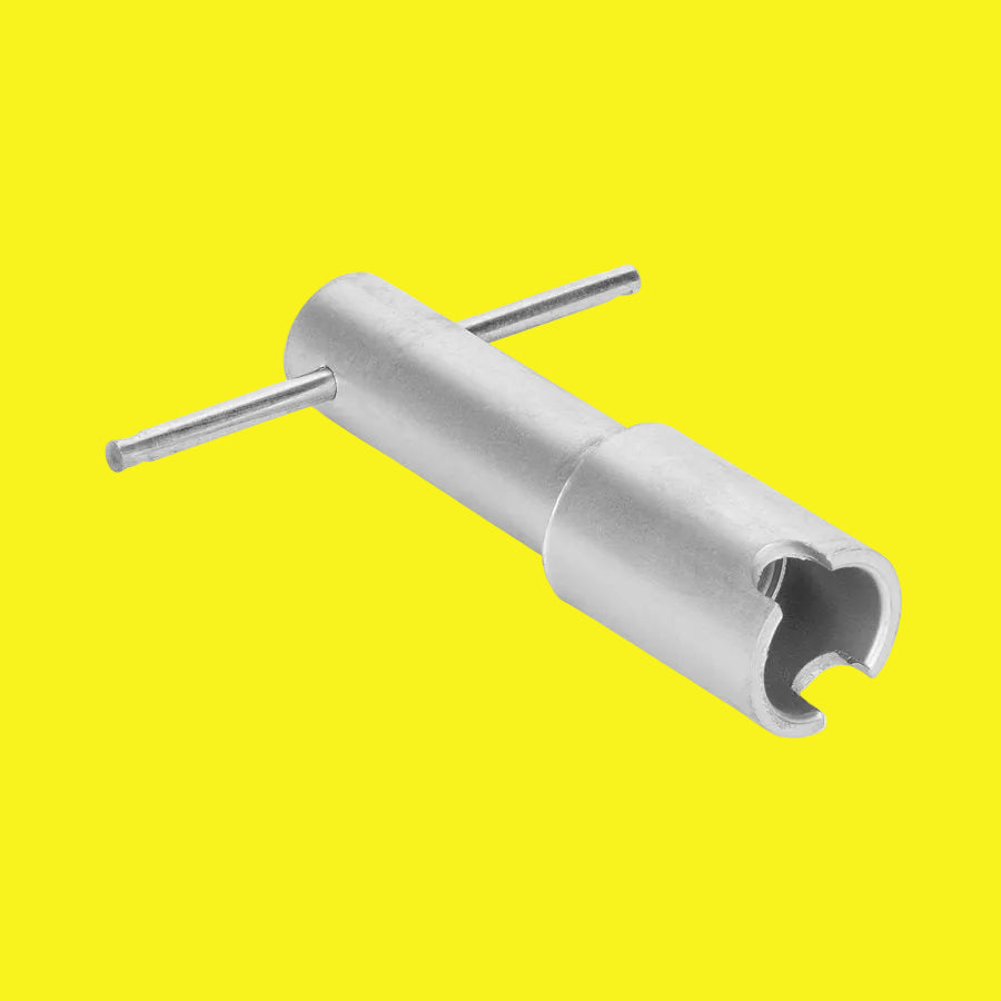 A silver water heater drain wrench with a handle.