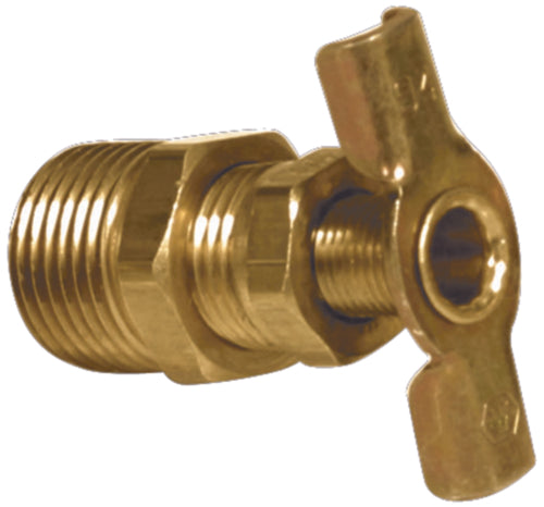 A brass water heater drain valve with a 1/4 inch connection.