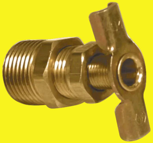 A brass water heater drain valve with a 1/4 inch connection.