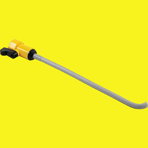 Gray tool for rinsing water heater. Yellow handle with black shut-off.