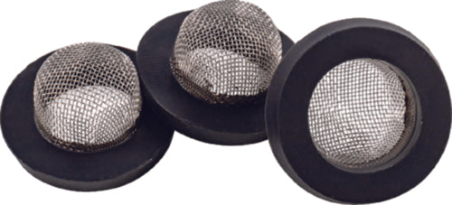 Three metal mesh filters with black bases on a white background