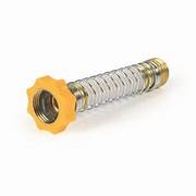 A flexible hose end protector with a coiled attachment, primarily silver in color with a yellow end cap.