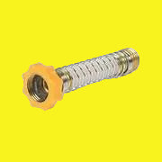 A flexible hose end protector with a coiled attachment, primarily silver in color with a yellow end cap.