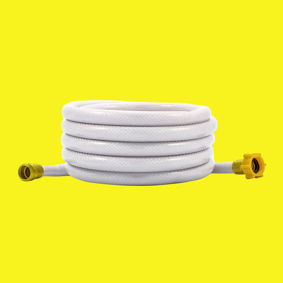 A coiled white drinking water hose with yellow connectors on both ends.