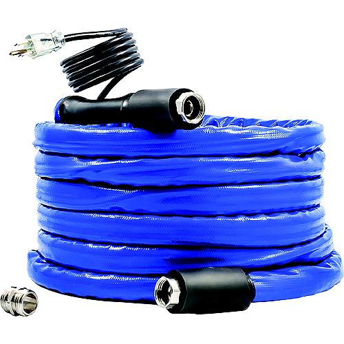 A coiled blue heated drinking hose with black connectors on both ends.