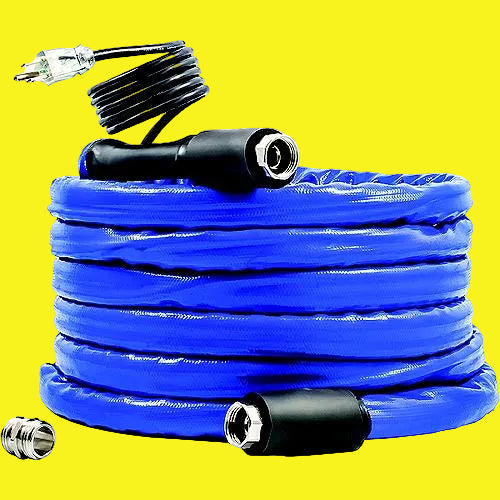 A coiled blue heated drinking hose with black connectors on both ends.