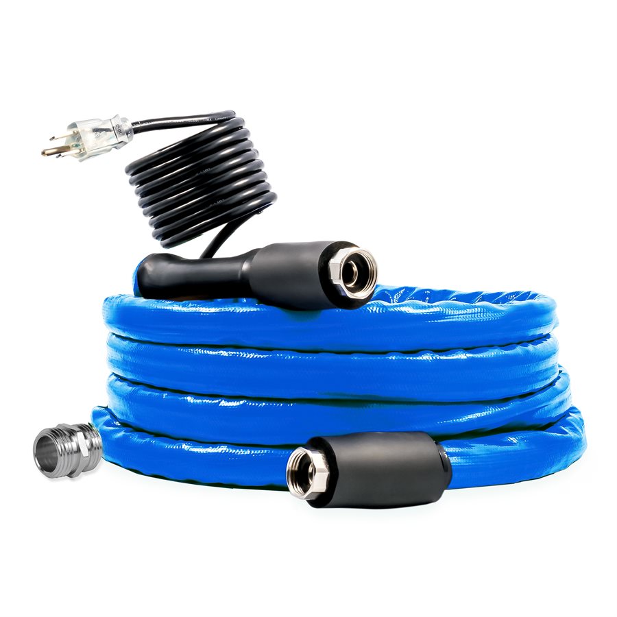 A blue heated fresh water hose with black connectors and a self-regulating heat source.