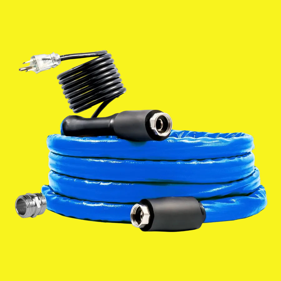 A blue heated fresh water hose with black connectors and a self-regulating heat source.