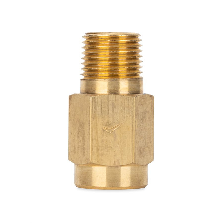A brass fresh water backflow preventer with 1/2 inch male NPT thread on one end and 1/2 inch female NPT thread on the other.