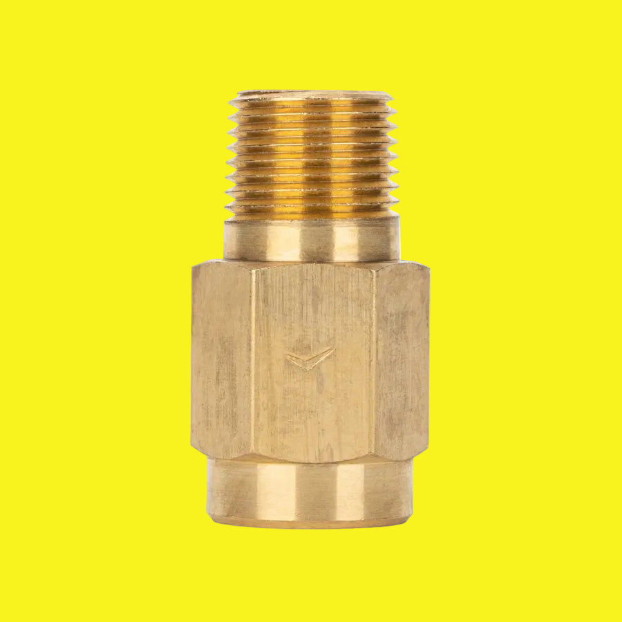 A brass fresh water backflow preventer with 1/2 inch male NPT thread on one end and 1/2 inch female NPT thread on the other.