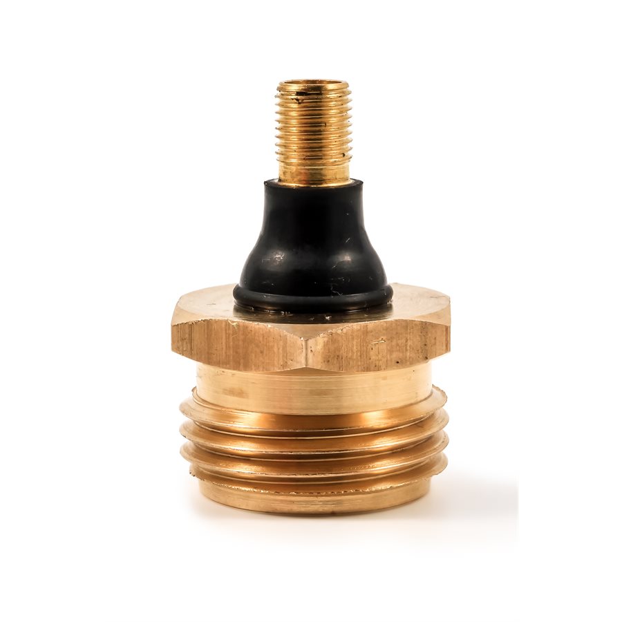 A brass blow out plug with a black rubber part and metal threading designed for water system winterization.