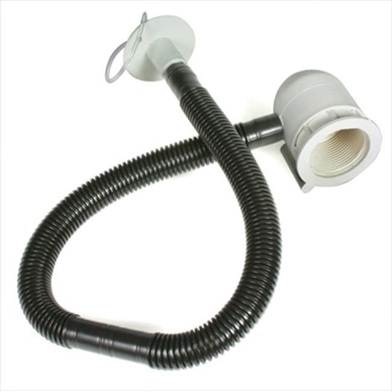 A flexible camper drain with a black hose and white plastic components, including a drain trap and an evacuation flange.