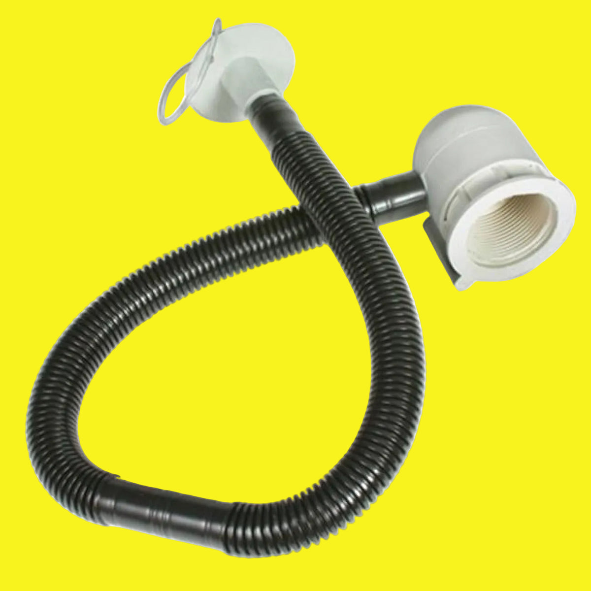 A flexible camper drain with a black hose and white plastic components, including a drain trap and an evacuation flange.