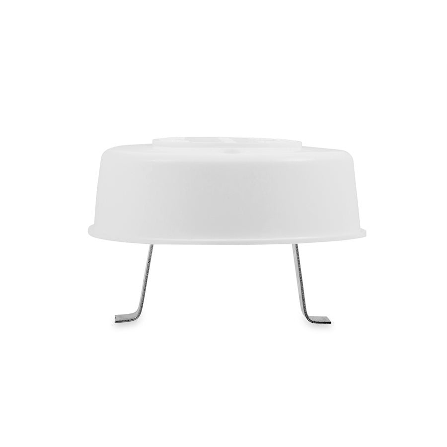 A white plumbing vent cap with metal clamps.