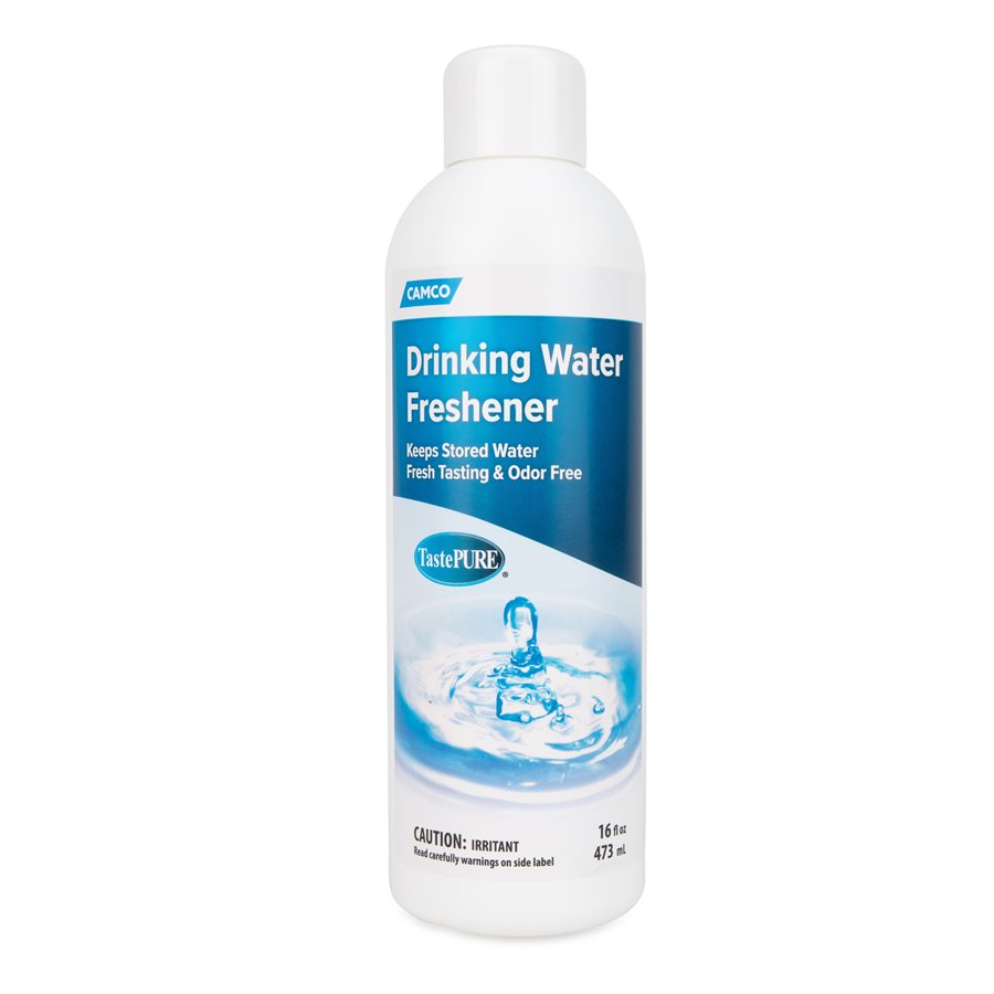 A bottle of Camco Drinking Water Freshener, which is designed to keep drinking water stored in plastic or metal tanks tasting fresh. The label states it can clean up to 20 gallons and is 16 ounces.