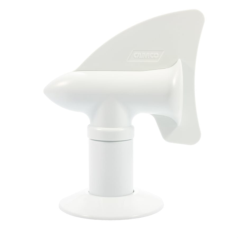 A white cyclone holding tank vent cap designed for plumbing vents.