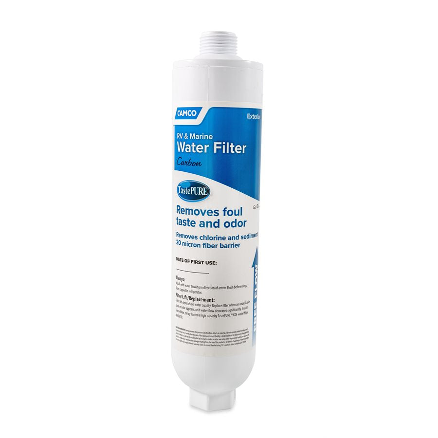 A white Camco water filter canister with blue and black text, indicating that it removes foul taste and odor, and that it is suitable for use with 2-1/4 inches microbial filter material.