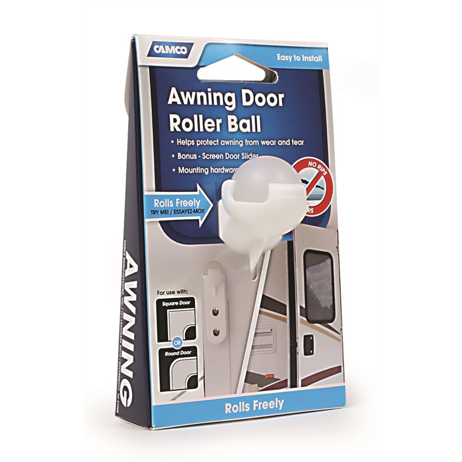 Packaging for the CAMCO Awning Door Roller Ball, featuring the product and its installation on an RV door.