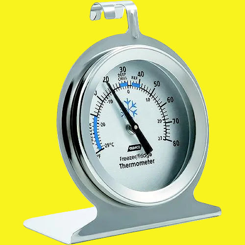Freezer/ fridge thermometer with silver casing on a yellow background