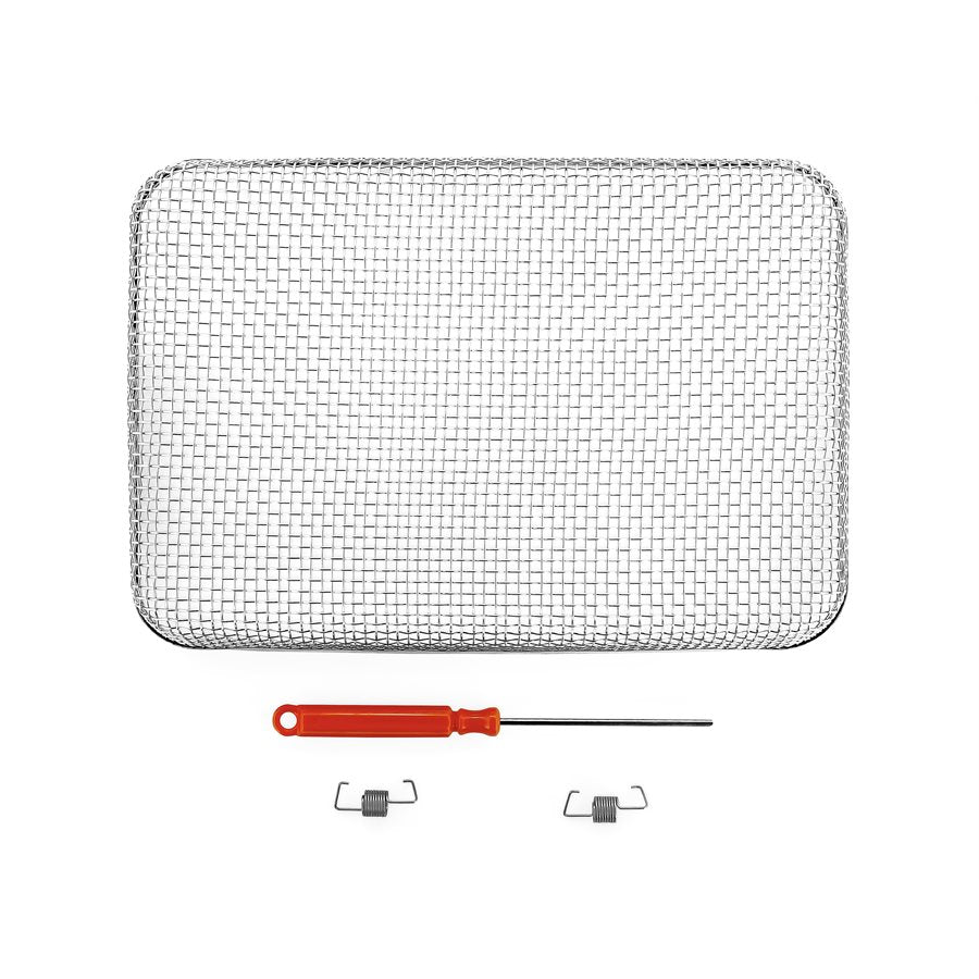 Stainless steel flying insect screen with a red installation tool and two spring fasteners.