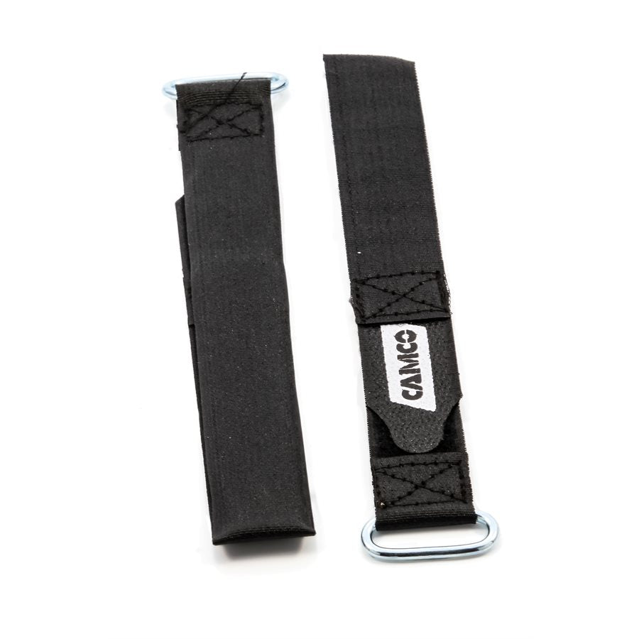 Two black Velcro straps with metal buckles, one strap has the brand name 'CAMCO' written on it.