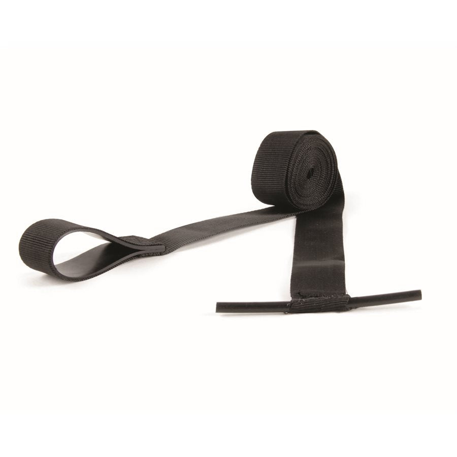 A black awning pull strap for RVs, displayed against a white background.