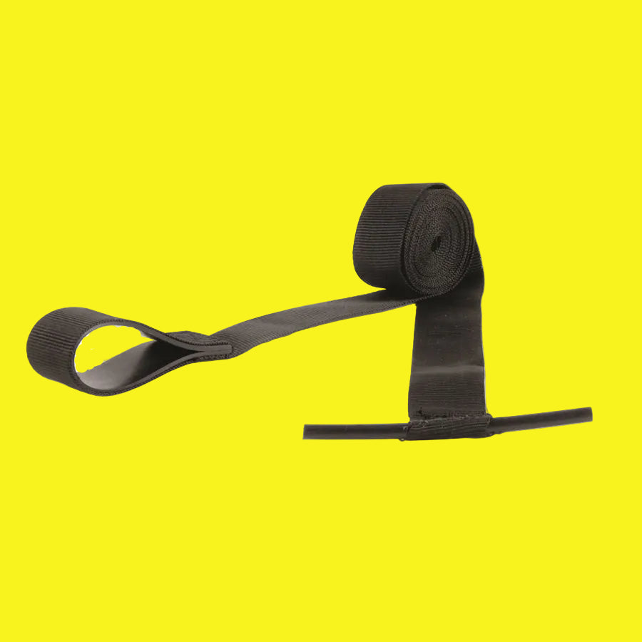 A black awning pull strap for RVs, displayed against a yellow background.