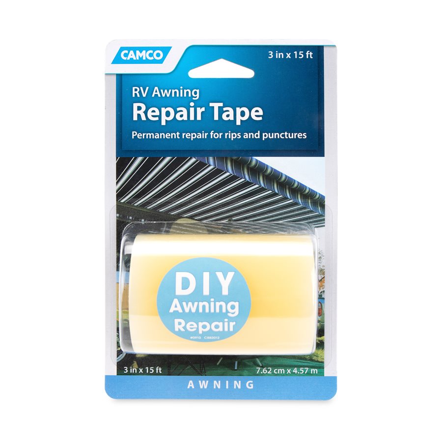 Packaging for CAMO RV Awning Repair Tape, featuring the product visible through a clear plastic window, with blue and white color theme and text detailing product use and size.