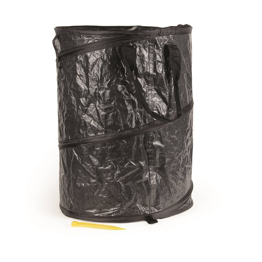 A black collapsible utility container with a lid, featuring padded handles and a stake.
