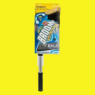 An adjustable broom and dustpan with a blue and black color scheme, the broom has a soft-bristled head and the handle is adjustable in length.
