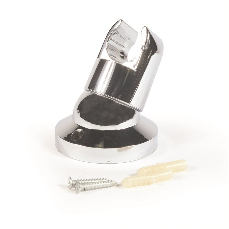 Adjustable showerhead wall mount in chrome finish with a swivel base and an attached screw for installation.