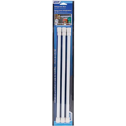 Packaged refrigerator spring-loaded bars with blue and white design on a white background