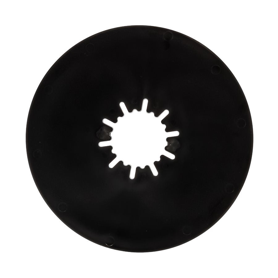 A black 12-inch round lube plate with a white star-shaped cutout in the center, designed for 5th wheel hitch systems.