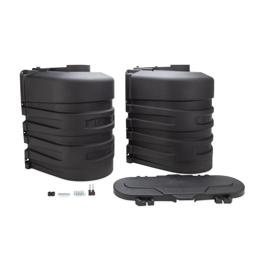 Black propane tank cover with accessories, including a hinged access panel.