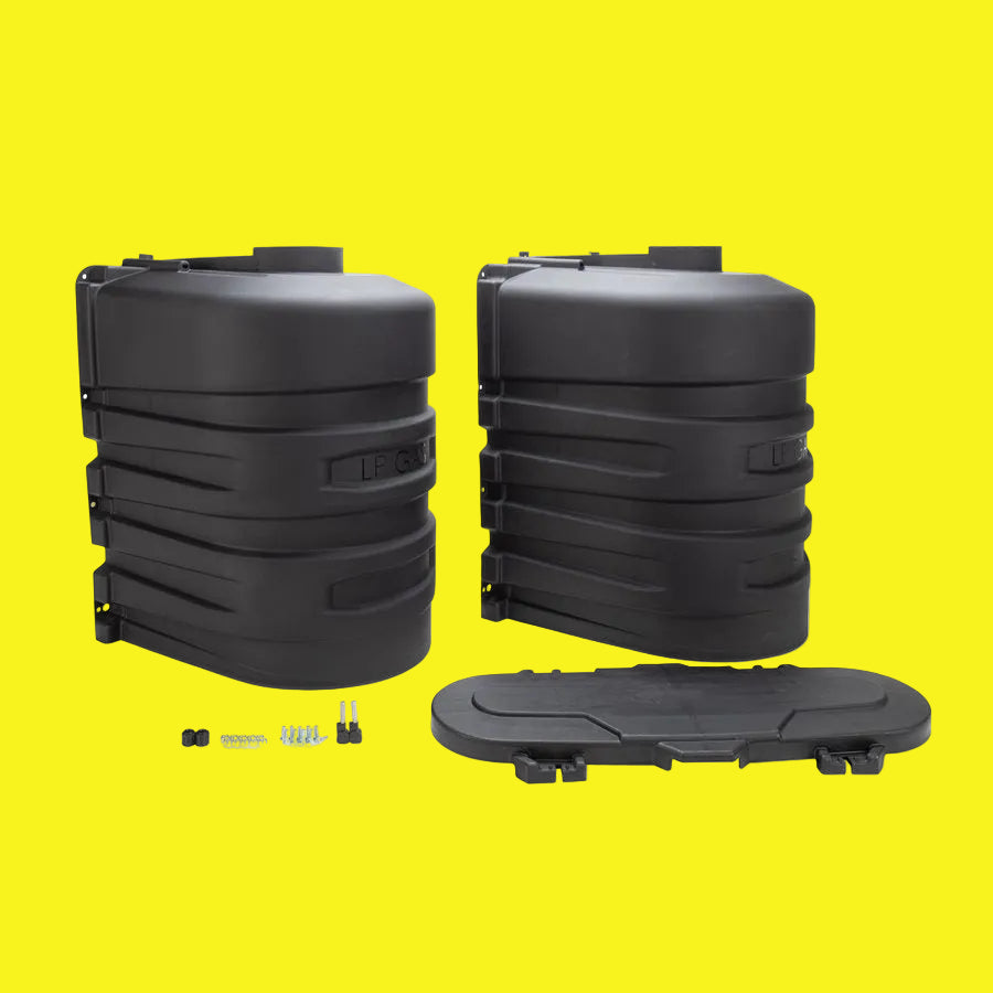 Black propane tank cover with accessories, including a hinged access panel.
